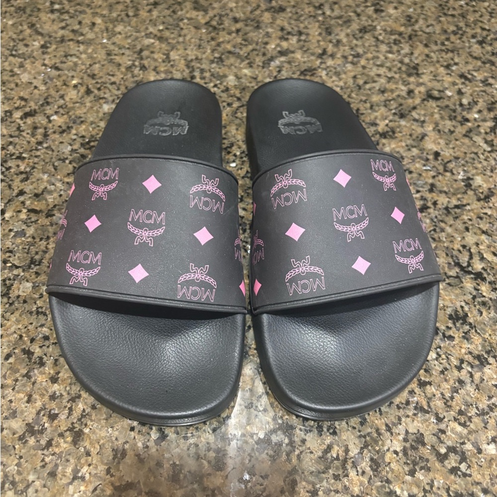 MCM Black Slides with Pink Logo Accents
